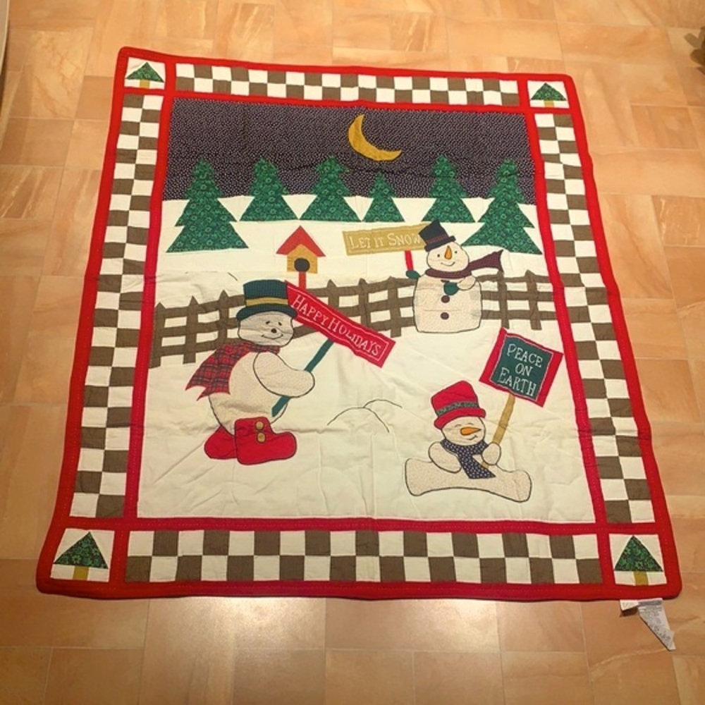 Vintage Christmas Holiday Snowman Patchwork Quilted Blanket & Stocking Set
